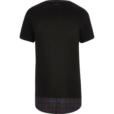 Black checked mock shirt longline t-shirt